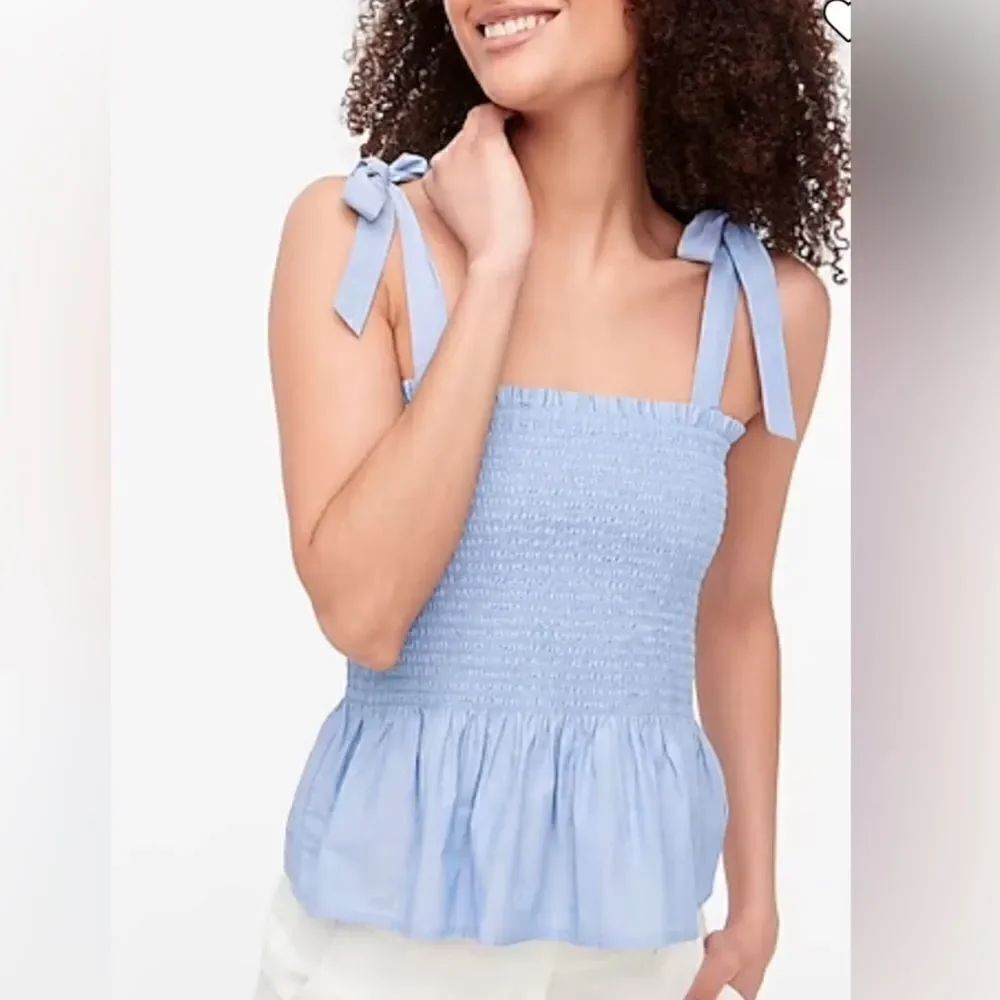 J. Crew Blue Smocked Bodice Square Neck Tie Shoulder Tank Top Size XL